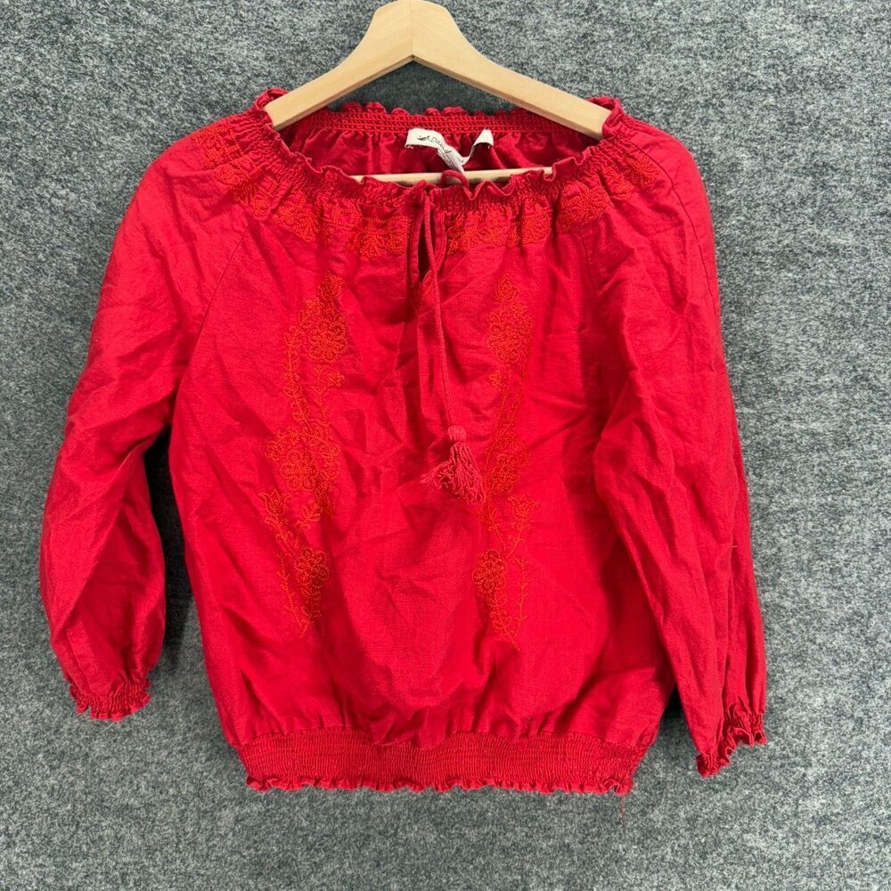 David Brooks Blouse Women S Small Red Tasseled Long Sleeve Linen Round Neck
